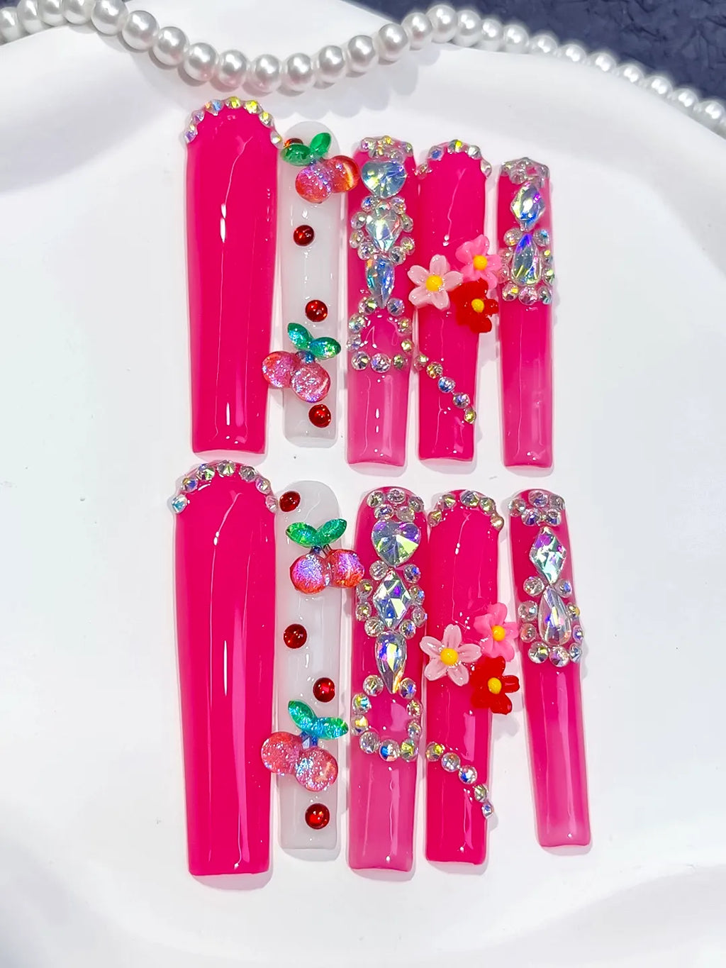 Pink Red Green Yellow Silver Solid color Cherry Flower Rhinestone press on nails detail view