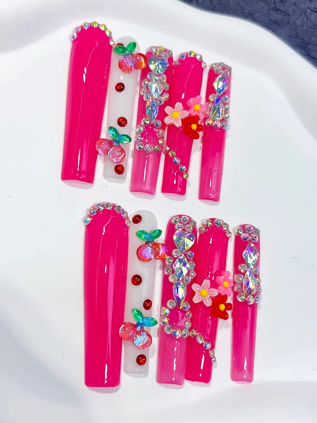 Pink Red Green Yellow Silver Solid color Cherry Flower Rhinestone press on nails detail view