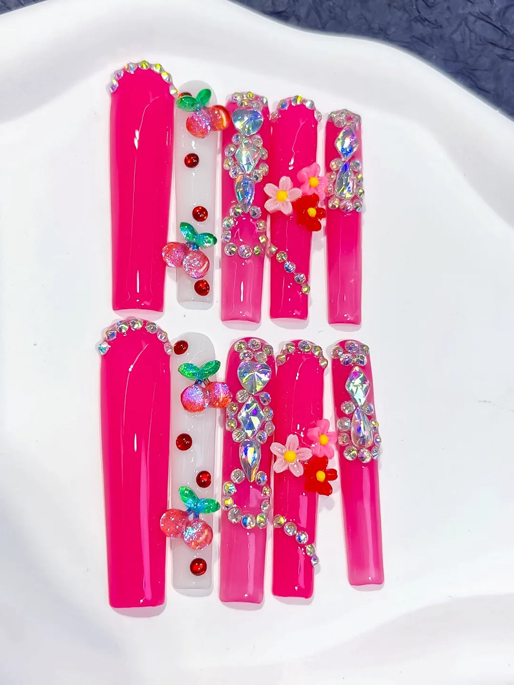 Pink Red Green Yellow Silver Solid color Cherry Flower Rhinestone press on nails detail view