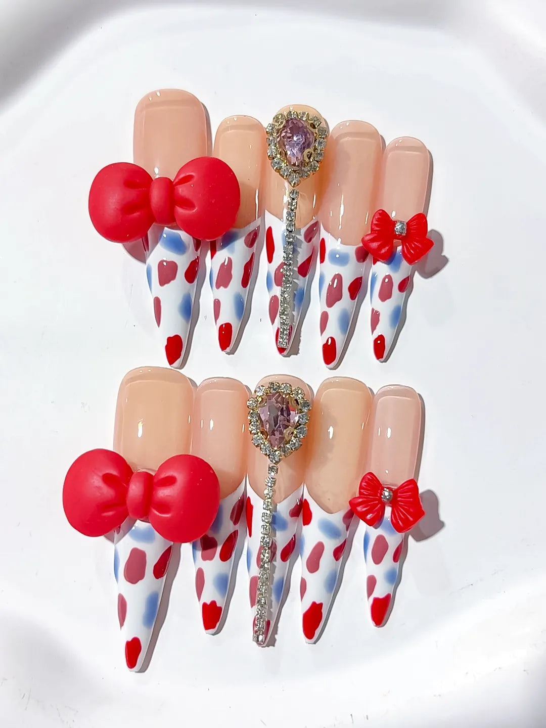 Nude White Red Blue Silver Abstract Bow Heart Rhinestone 3D press on nails detail view