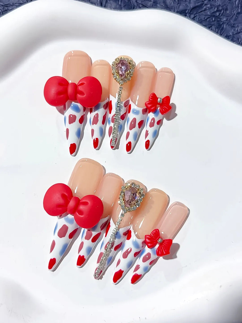 Nude White Red Blue Silver Abstract Bow Heart Rhinestone 3D press on nails close up