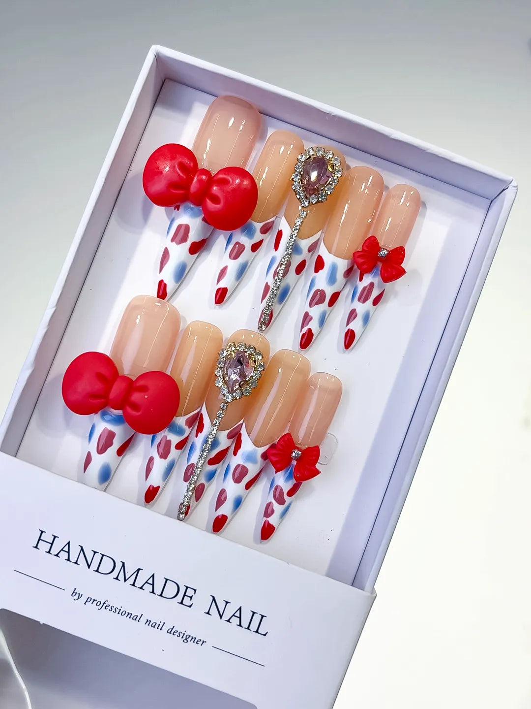 Nude White Red Blue Silver Abstract Bow Heart Rhinestone 3D press on nails