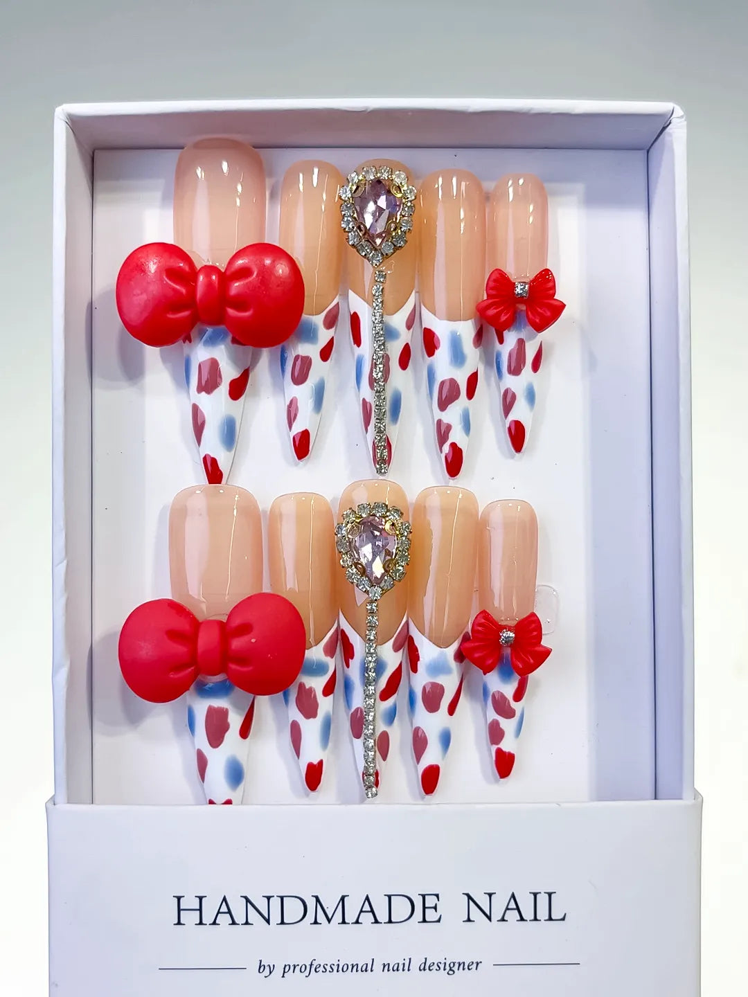 Nude White Red Blue Silver Abstract Bow Heart Rhinestone 3D press on nails full set view