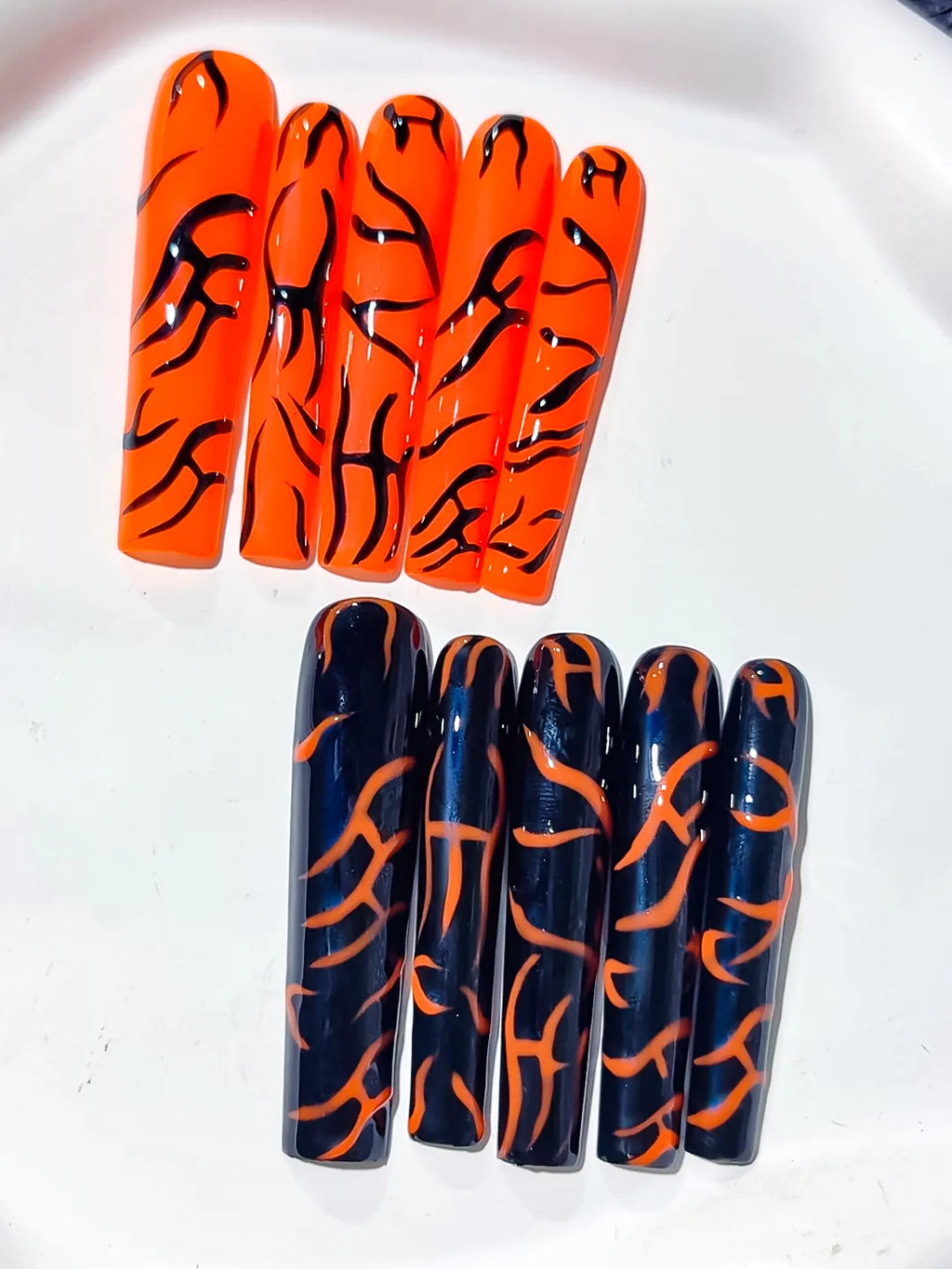Orange Black Abstract press on nails detail view