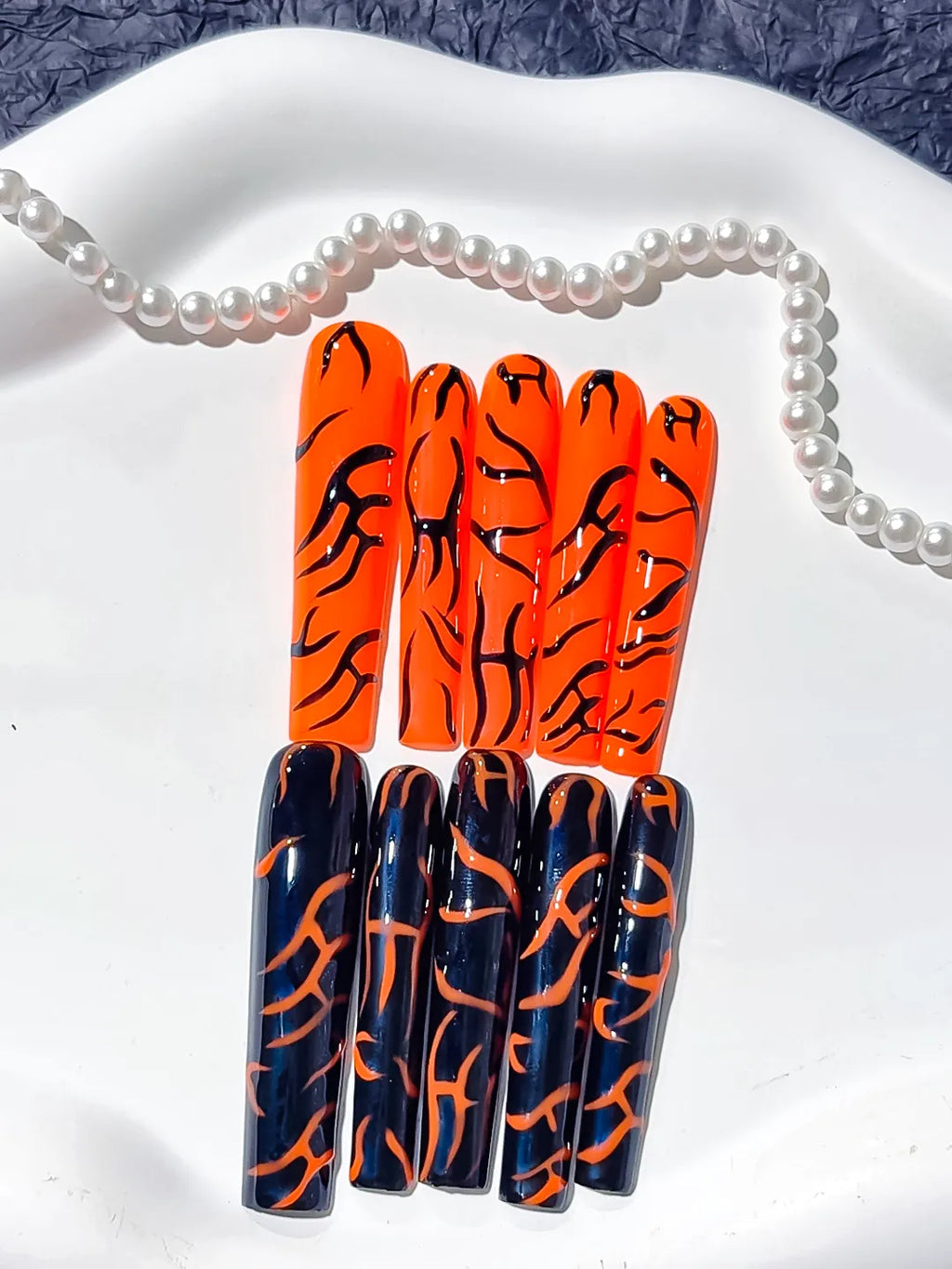 Orange Black Abstract press on nails detail view