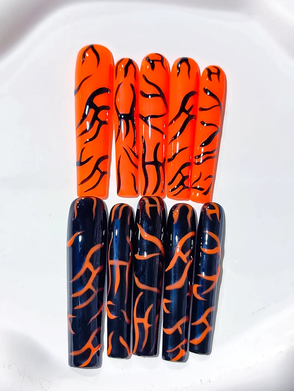 Orange Black Abstract press on nails detail view