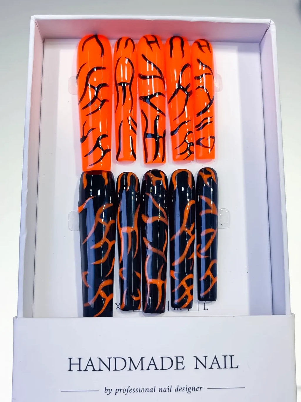 Orange Black Abstract press on nails full set view