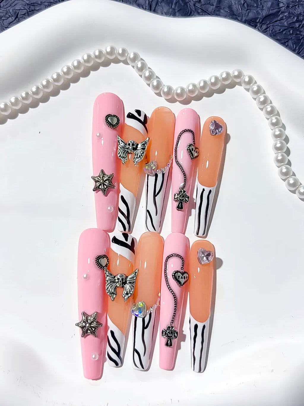 Pink Nude White Black Silver Abstract Star Bow Cross Heart Metallic Charm press on nails close up