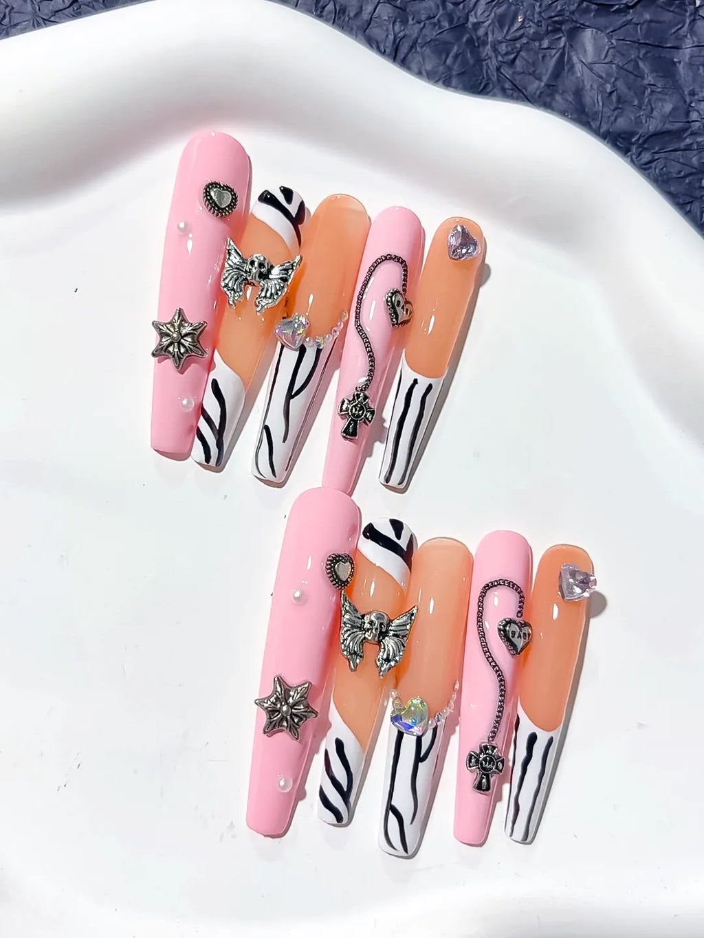 Pink Nude White Black Silver Abstract Star Bow Cross Heart Metallic Charm press on nails detail view