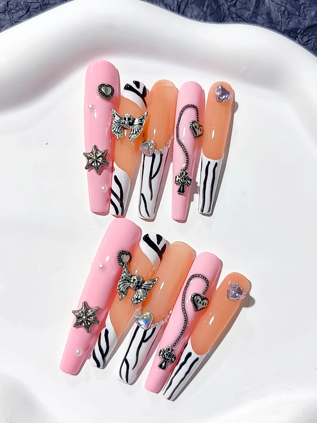 Pink Nude White Black Silver Abstract Star Bow Cross Heart Metallic Charm press on nails detail view