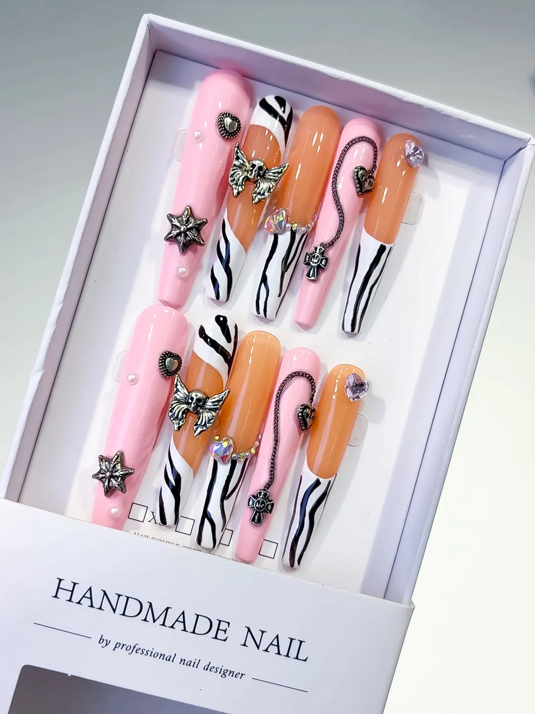 Pink Nude White Black Silver Abstract Star Bow Cross Heart Metallic Charm press on nails