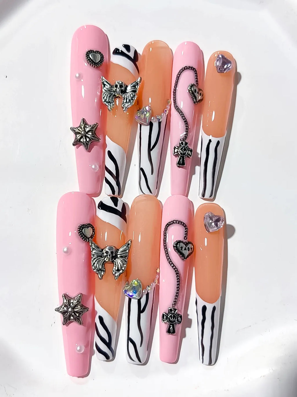Pink Nude White Black Silver Abstract Star Bow Cross Heart Metallic Charm press on nails detail view