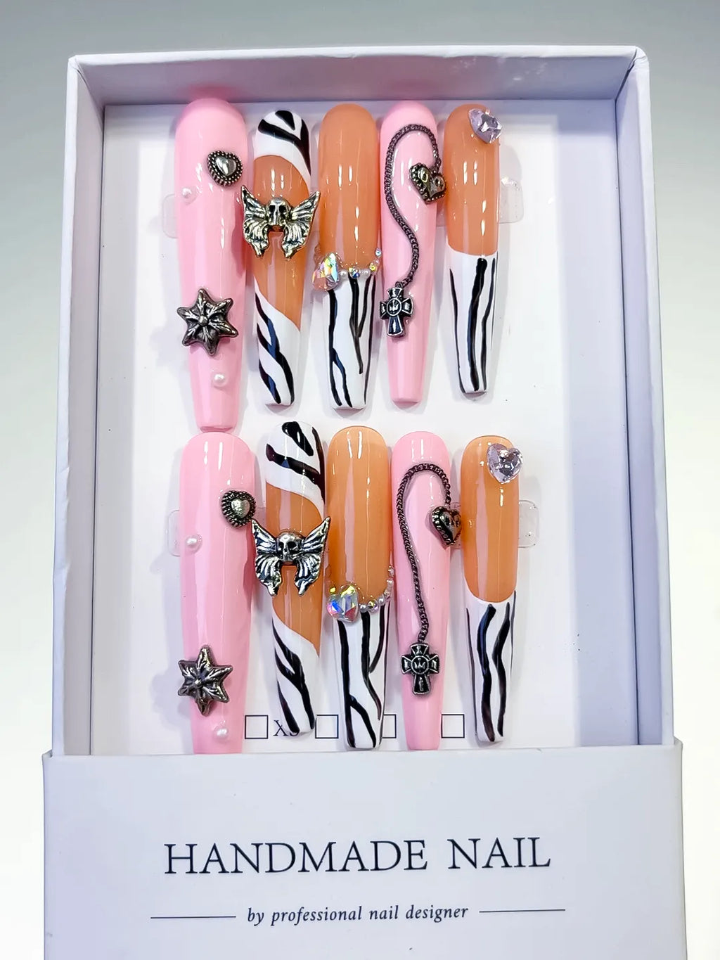 Pink Nude White Black Silver Abstract Star Bow Cross Heart Metallic Charm press on nails full set view