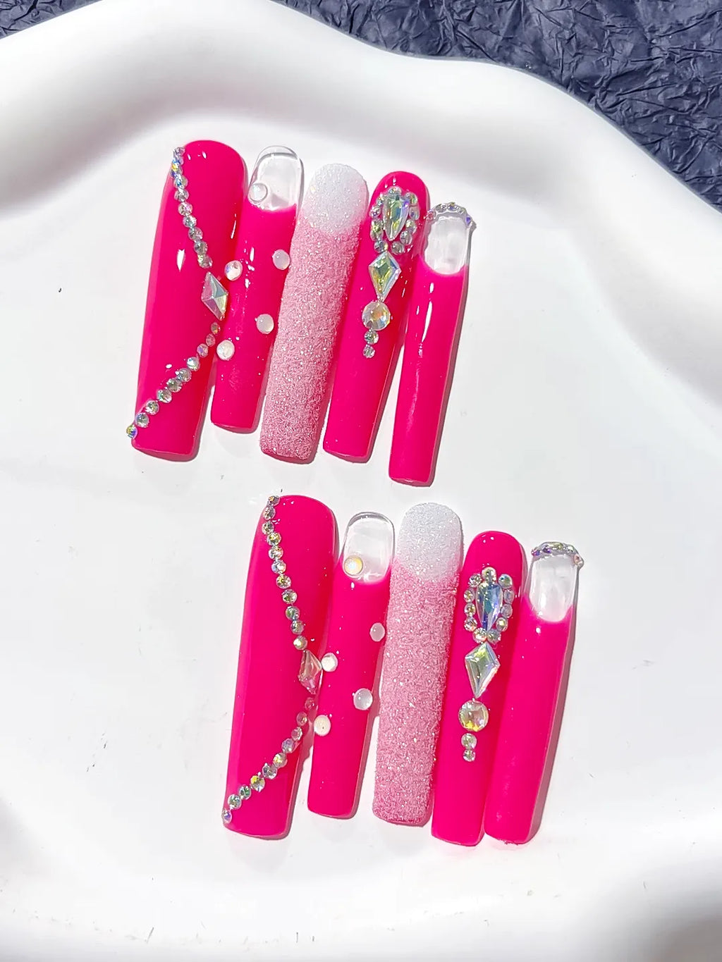 Pink White Silver Solid color Glitter Rhinestone press on nails detail view