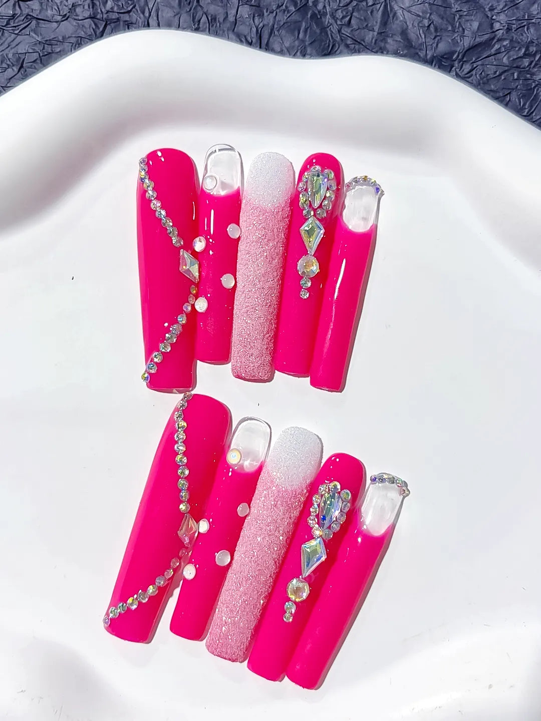 Pink White Silver Solid color Glitter Rhinestone press on nails detail view