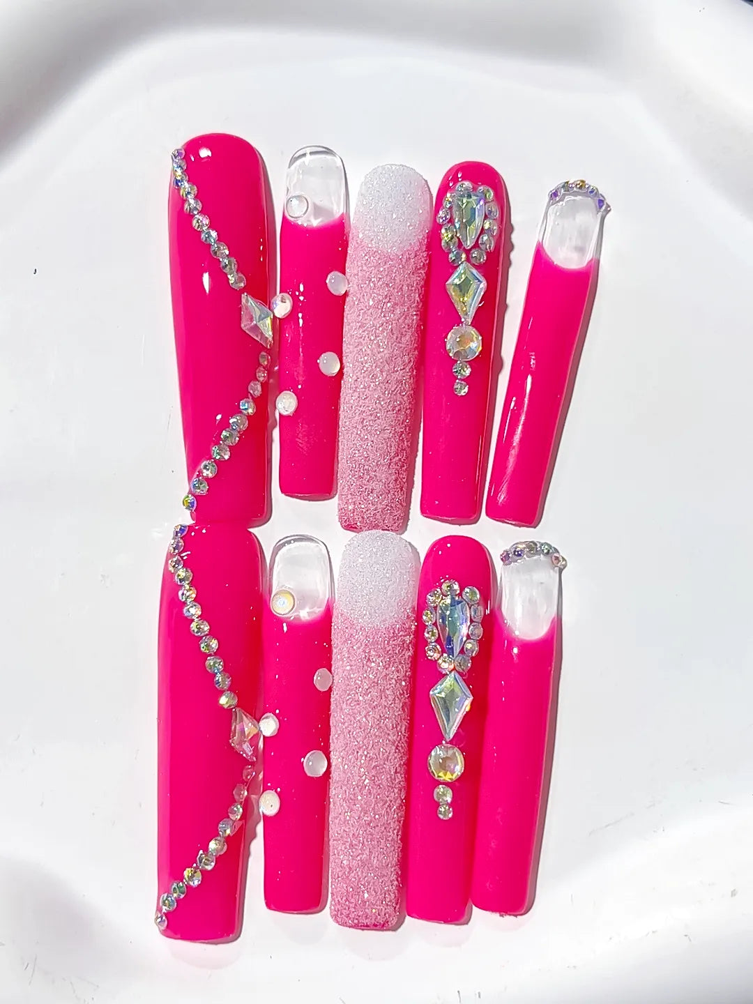 Pink White Silver Solid color Glitter Rhinestone press on nails detail view