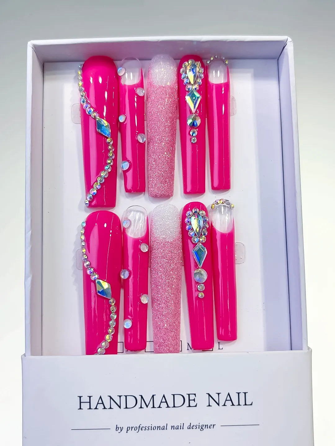 Pink White Silver Solid color Glitter Rhinestone press on nails full set view