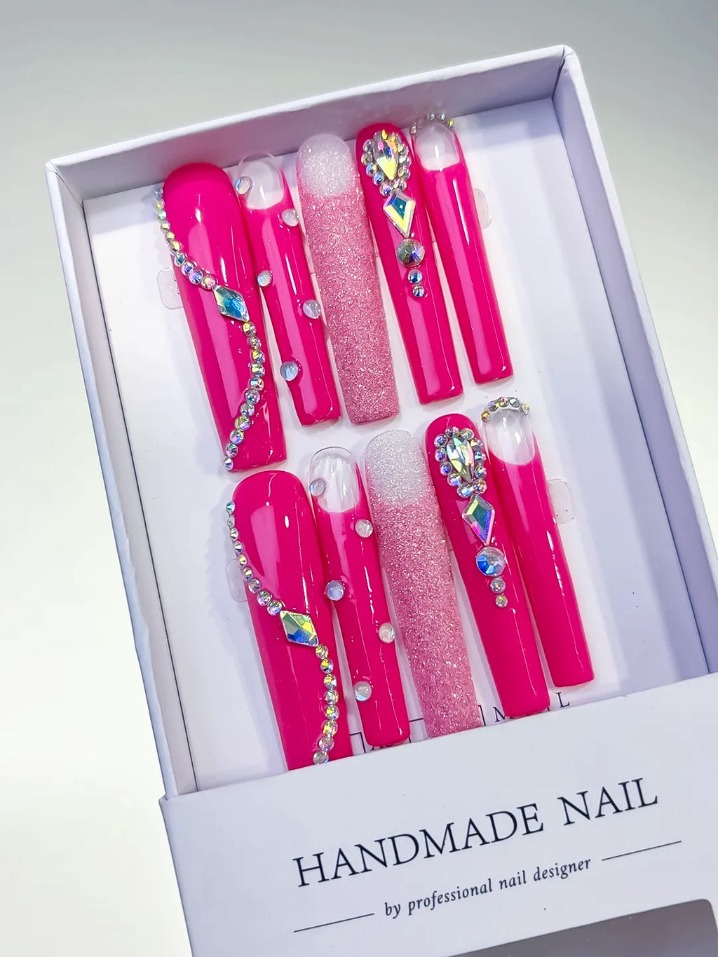 Pink White Silver Solid color Glitter Rhinestone press on nails angled view