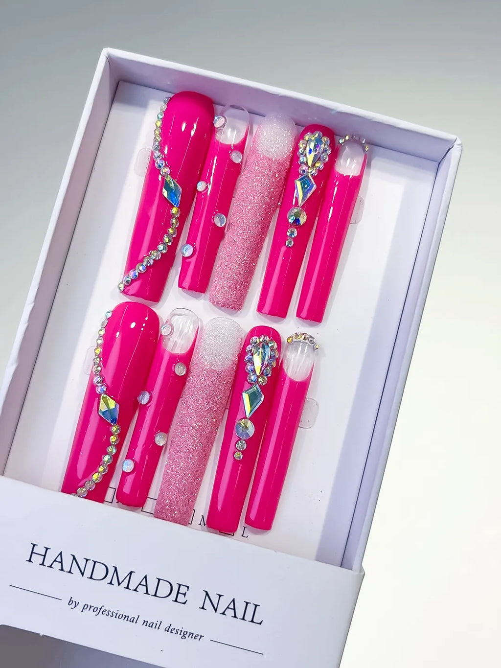 Pink White Silver Solid color Glitter Rhinestone press on nails