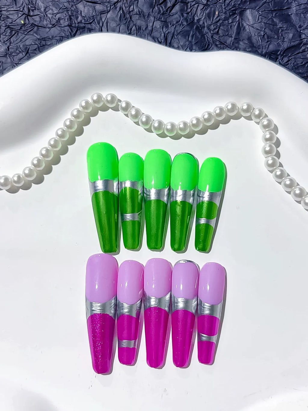 Green Purple Pink Silver Abstract press on nails close up