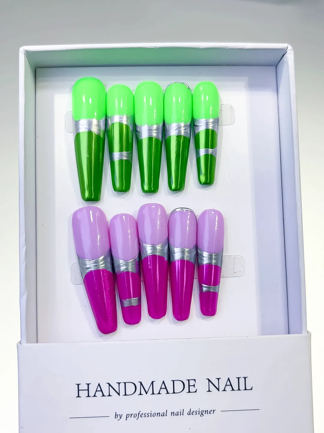 Green Purple Pink Silver Abstract press on nails full set view