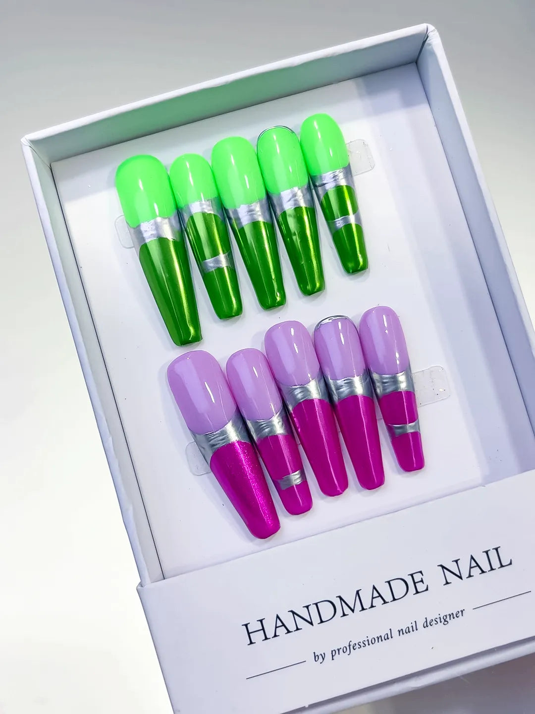 Green Purple Pink Silver Abstract press on nails angled view