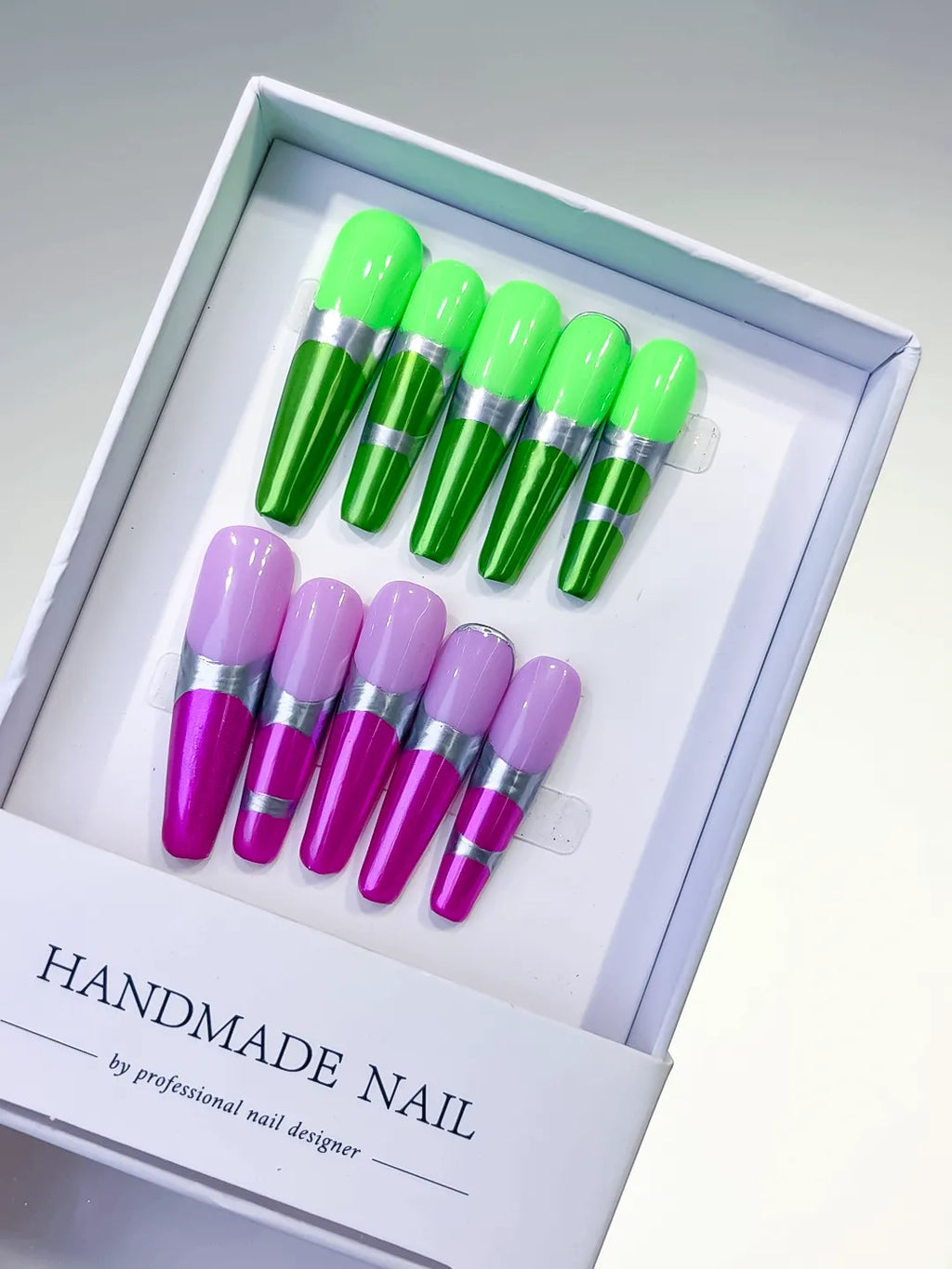 Green Purple Pink Silver Abstract press on nails