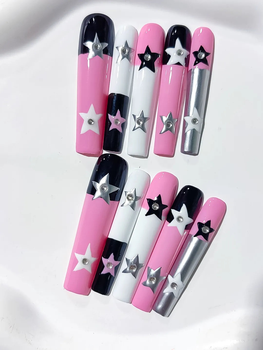 Pink White Black Silver Solid color Star 3D press on nails close up