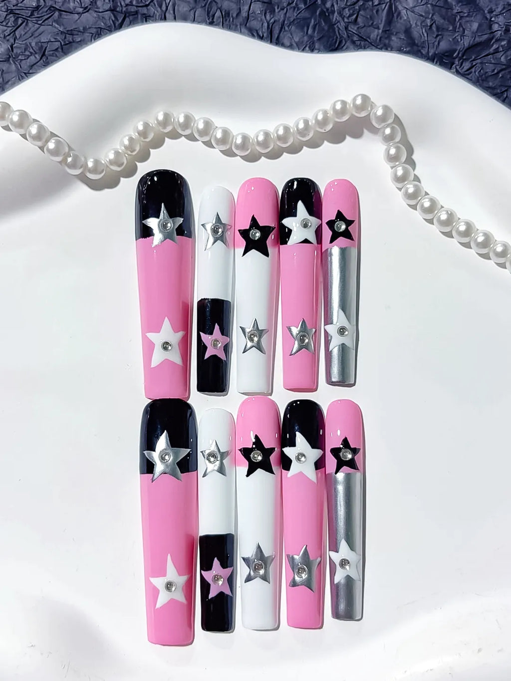 Pink White Black Silver Solid color Star 3D press on nails detail view