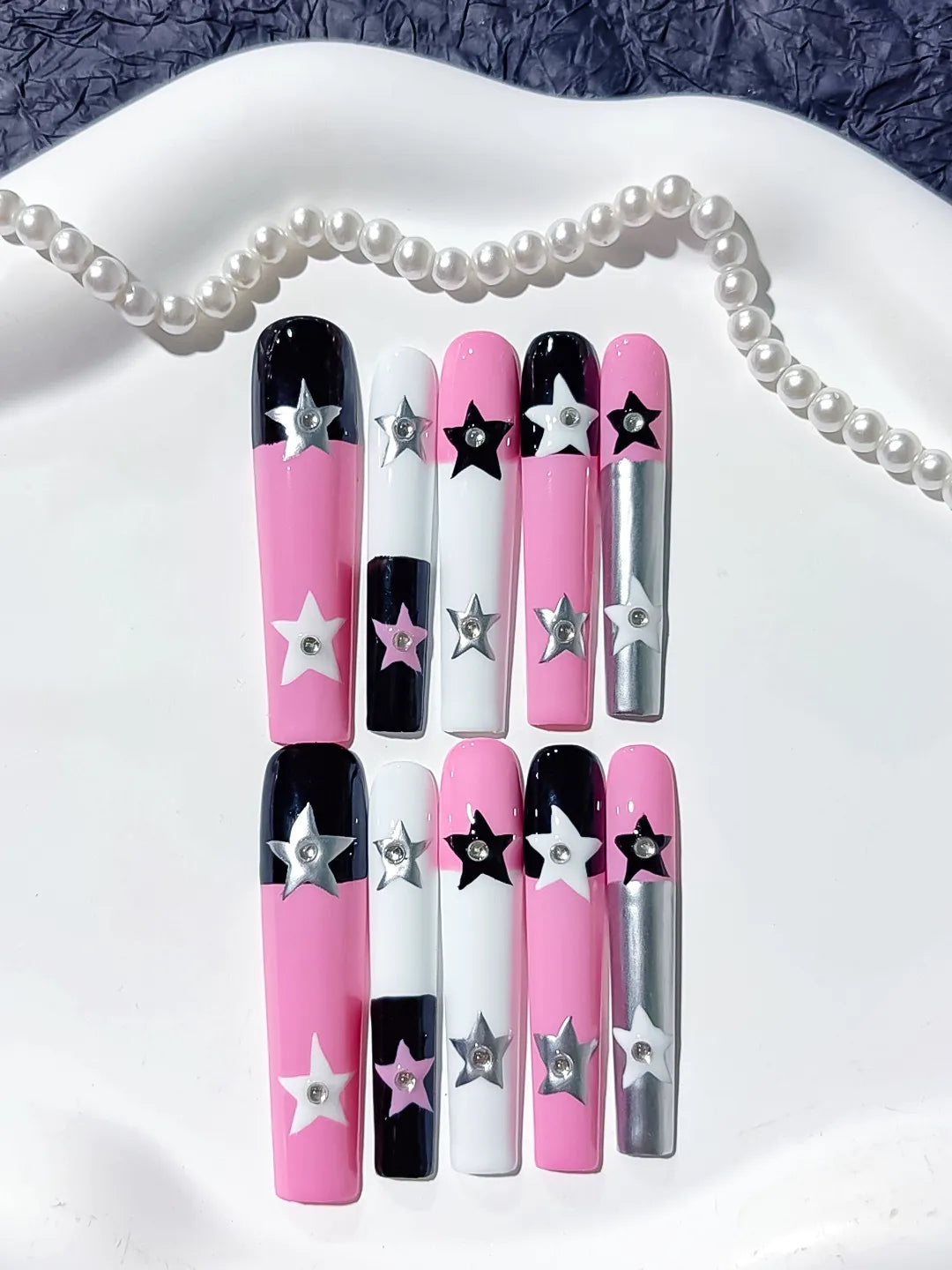 Pink White Black Silver Solid color Star 3D press on nails detail view