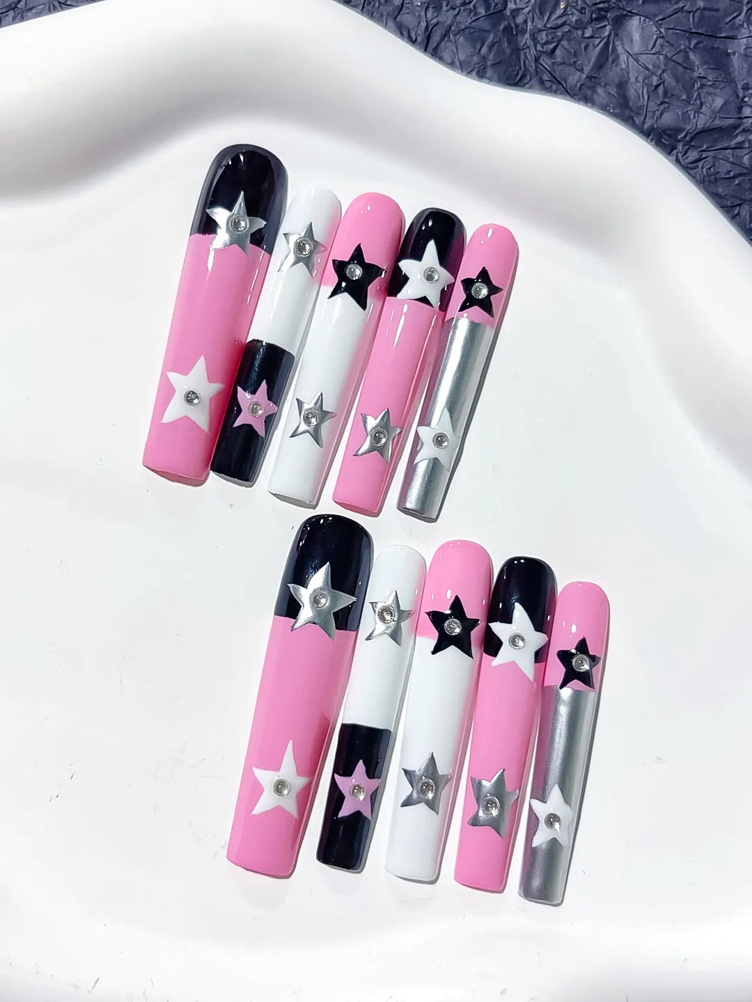 Pink White Black Silver Solid color Star 3D press on nails detail view
