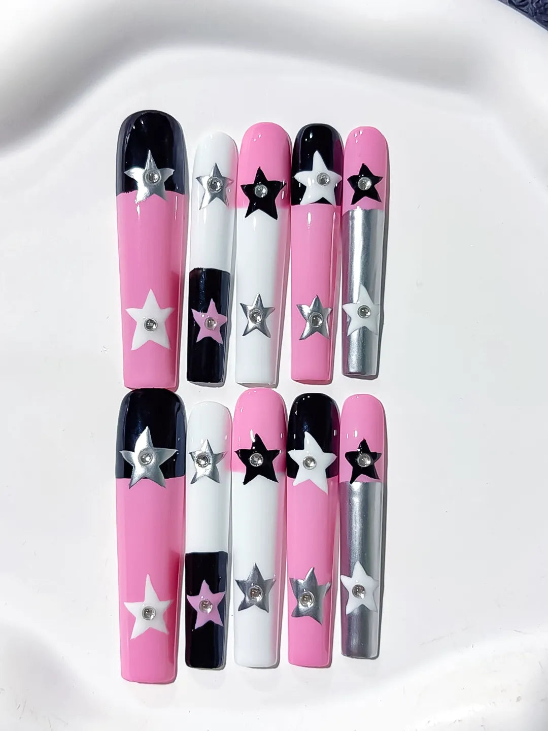 Pink White Black Silver Solid color Star 3D press on nails detail view