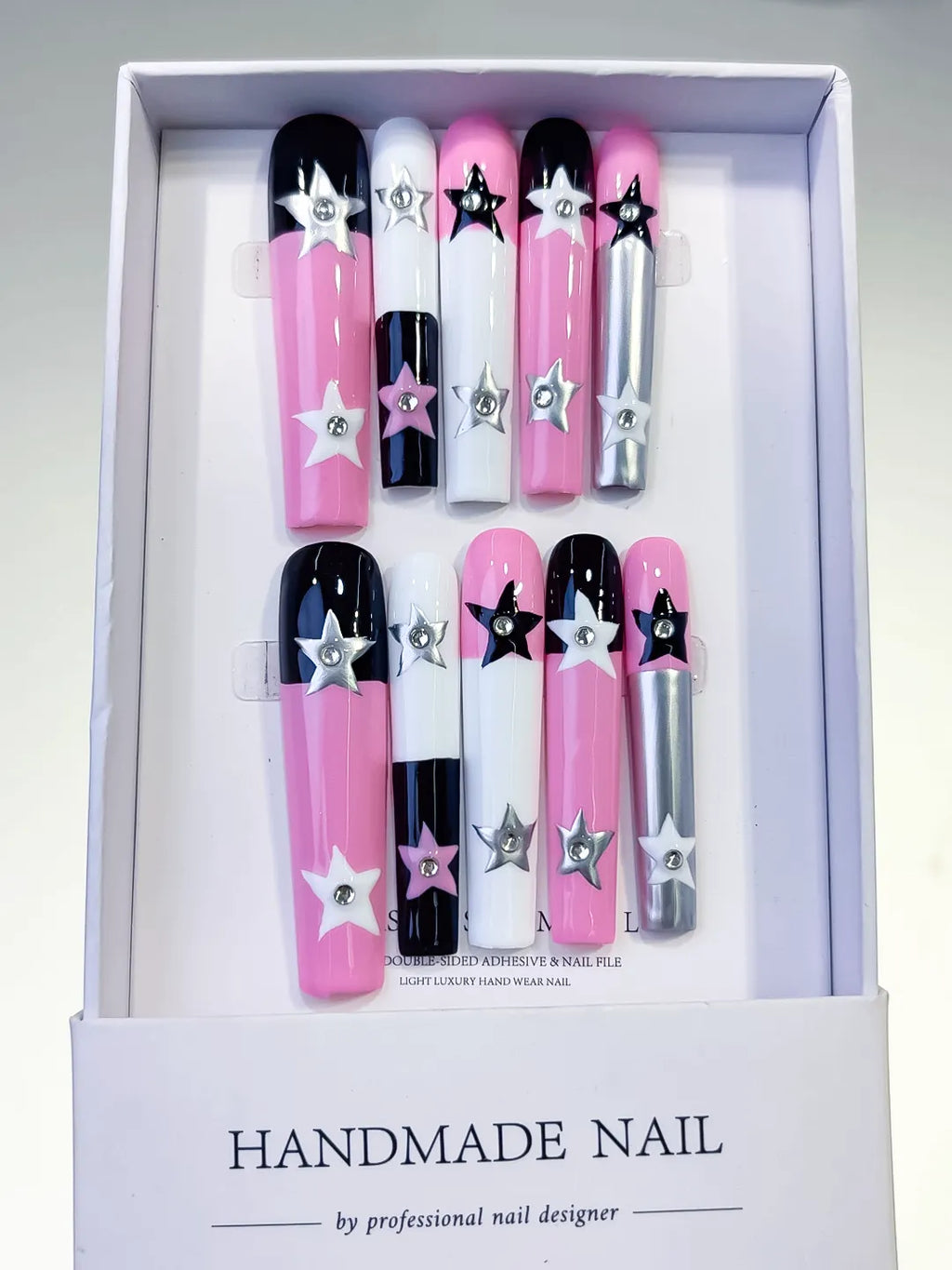 Pink White Black Silver Solid color Star 3D press on nails full set view