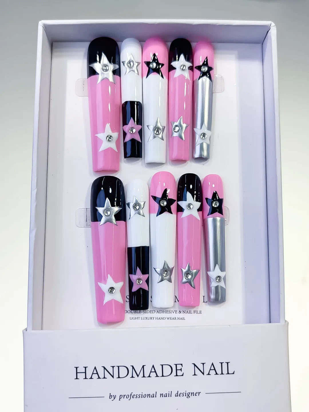 Pink White Black Silver Solid color Star 3D press on nails full set view