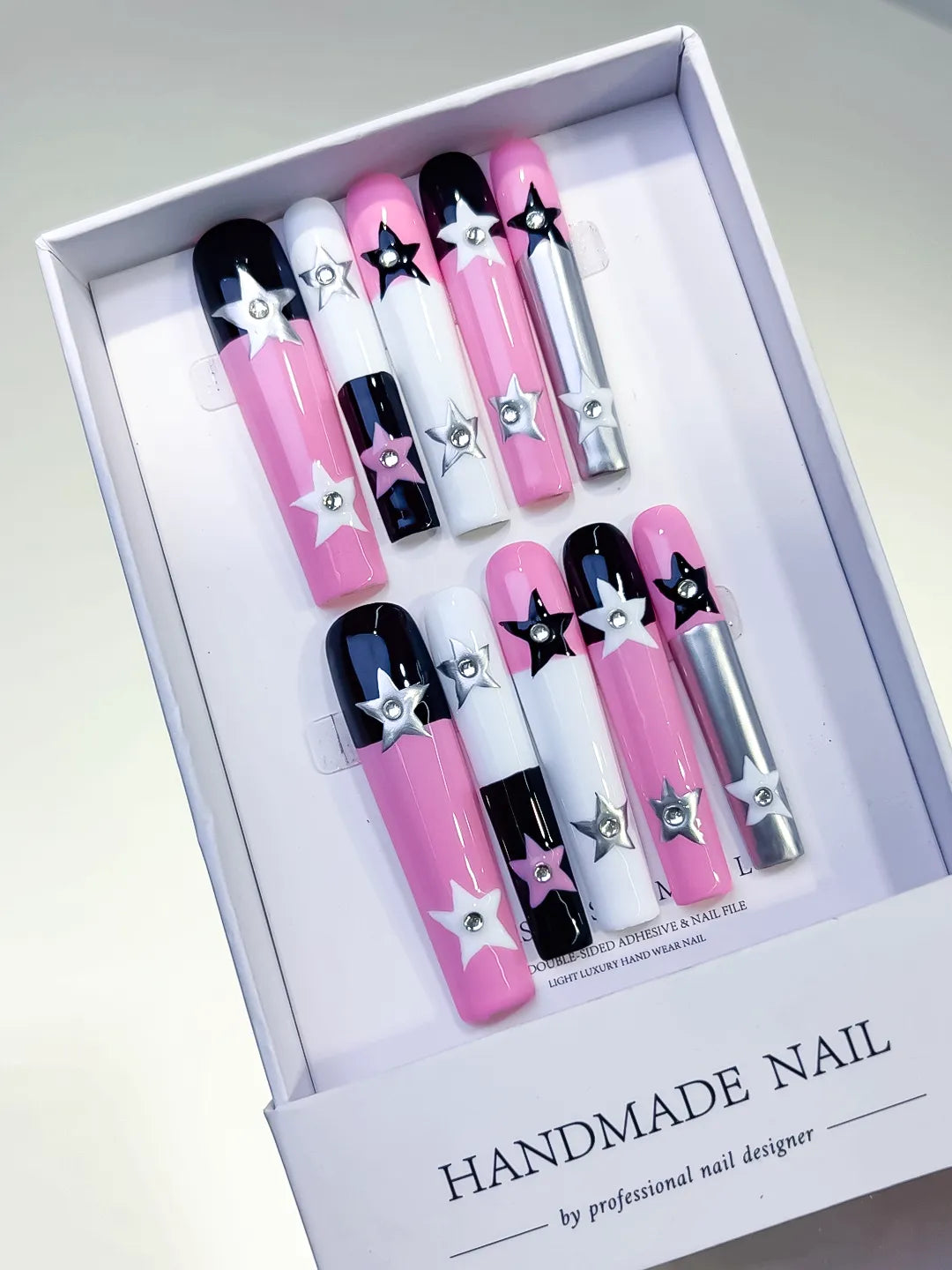 Pink White Black Silver Solid color Star 3D press on nails angled view