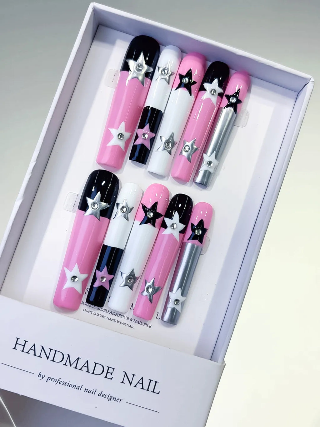 Pink White Black Silver Solid color Star 3D press on nails
