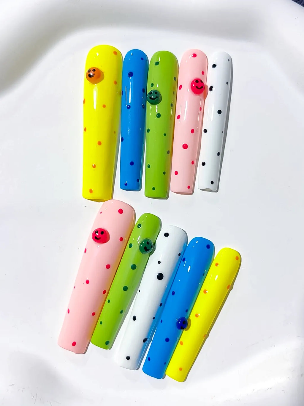 Yellow Blue Green Pink White Black Solid color Dot Pattern Smiley Rhinestone press on nails detail view