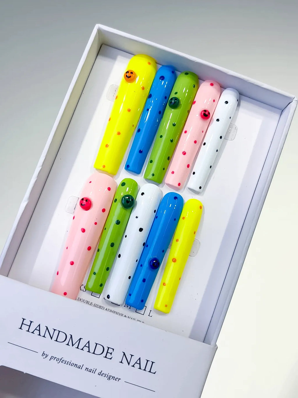Yellow Blue Green Pink White Black Solid color Dot Pattern Smiley Rhinestone press on nails