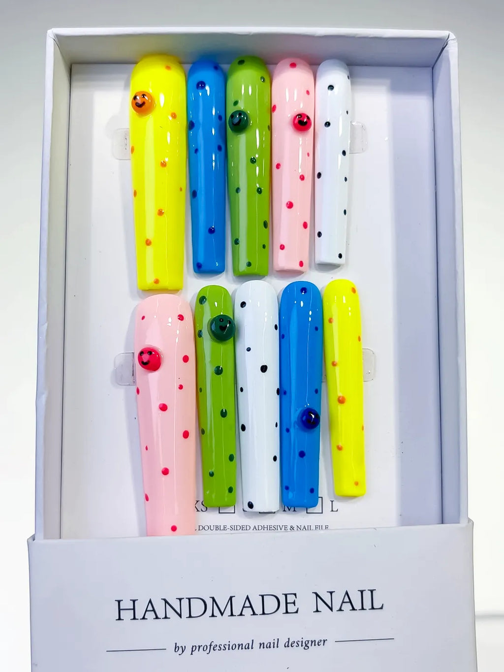 Yellow Blue Green Pink White Black Solid color Dot Pattern Smiley Rhinestone press on nails full set view