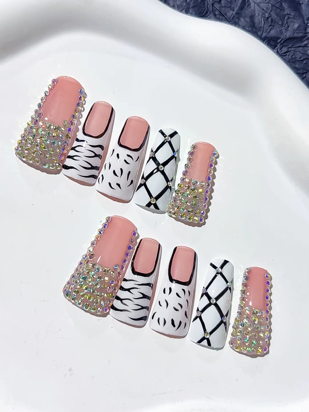 Nude White Black Silver Multicolor Abstract Animal Print Lattice Rhinestone press on nails detail view