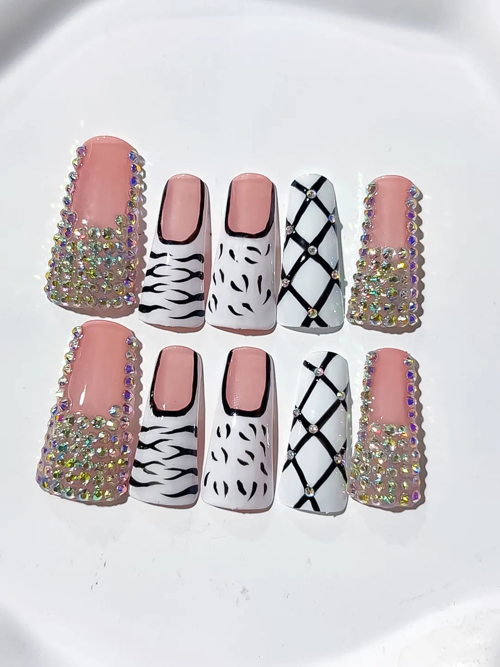 Nude White Black Silver Multicolor Abstract Animal Print Lattice Rhinestone press on nails close up