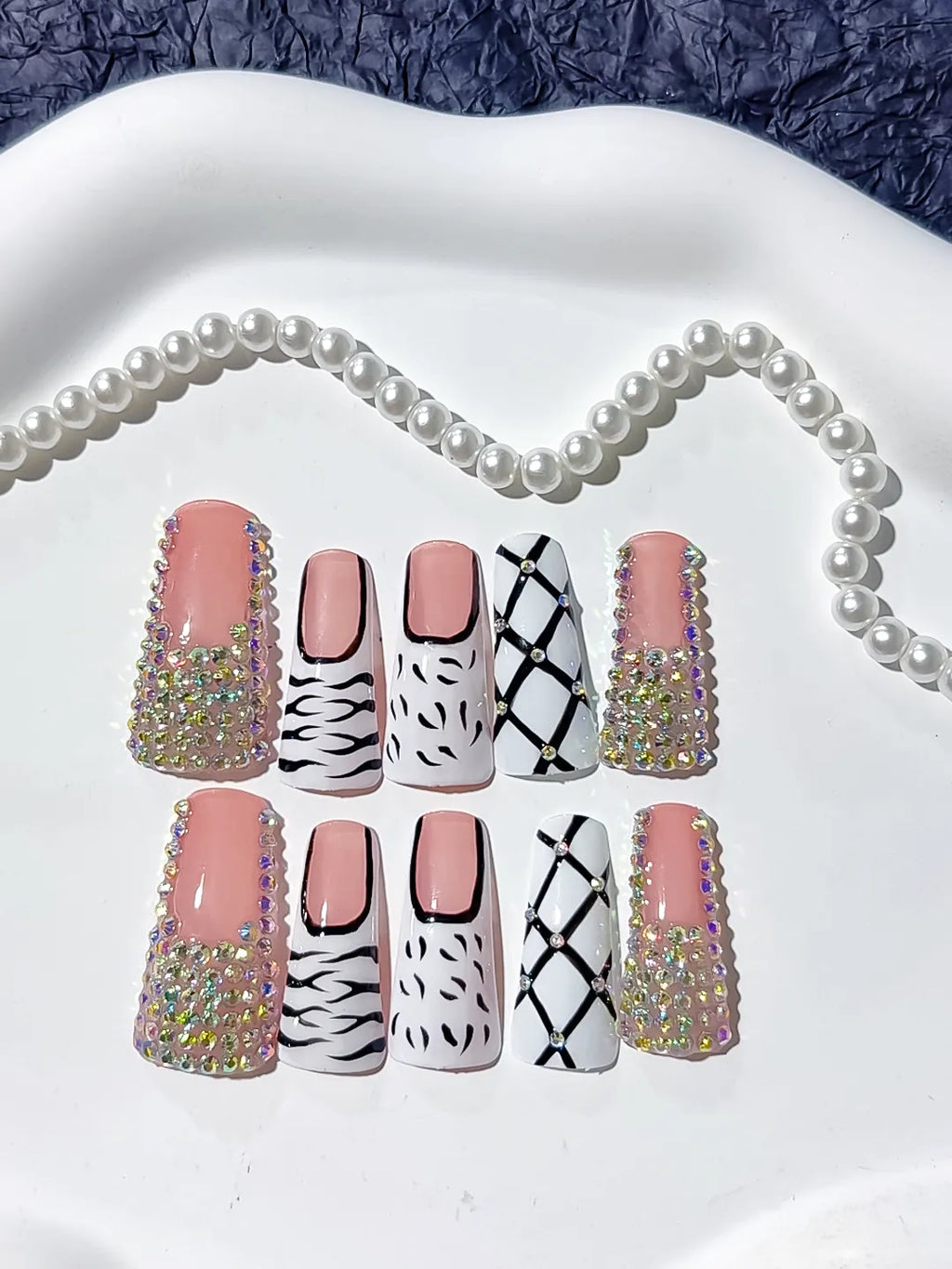 Nude White Black Silver Multicolor Abstract Animal Print Lattice Rhinestone press on nails detail view