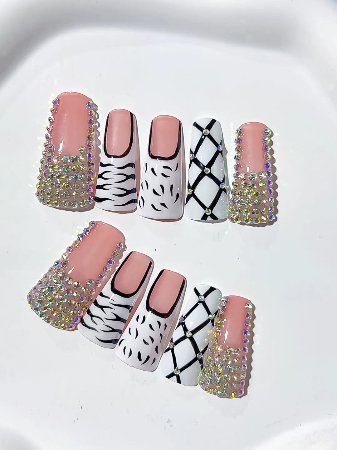 Nude White Black Silver Multicolor Abstract Animal Print Lattice Rhinestone press on nails detail view