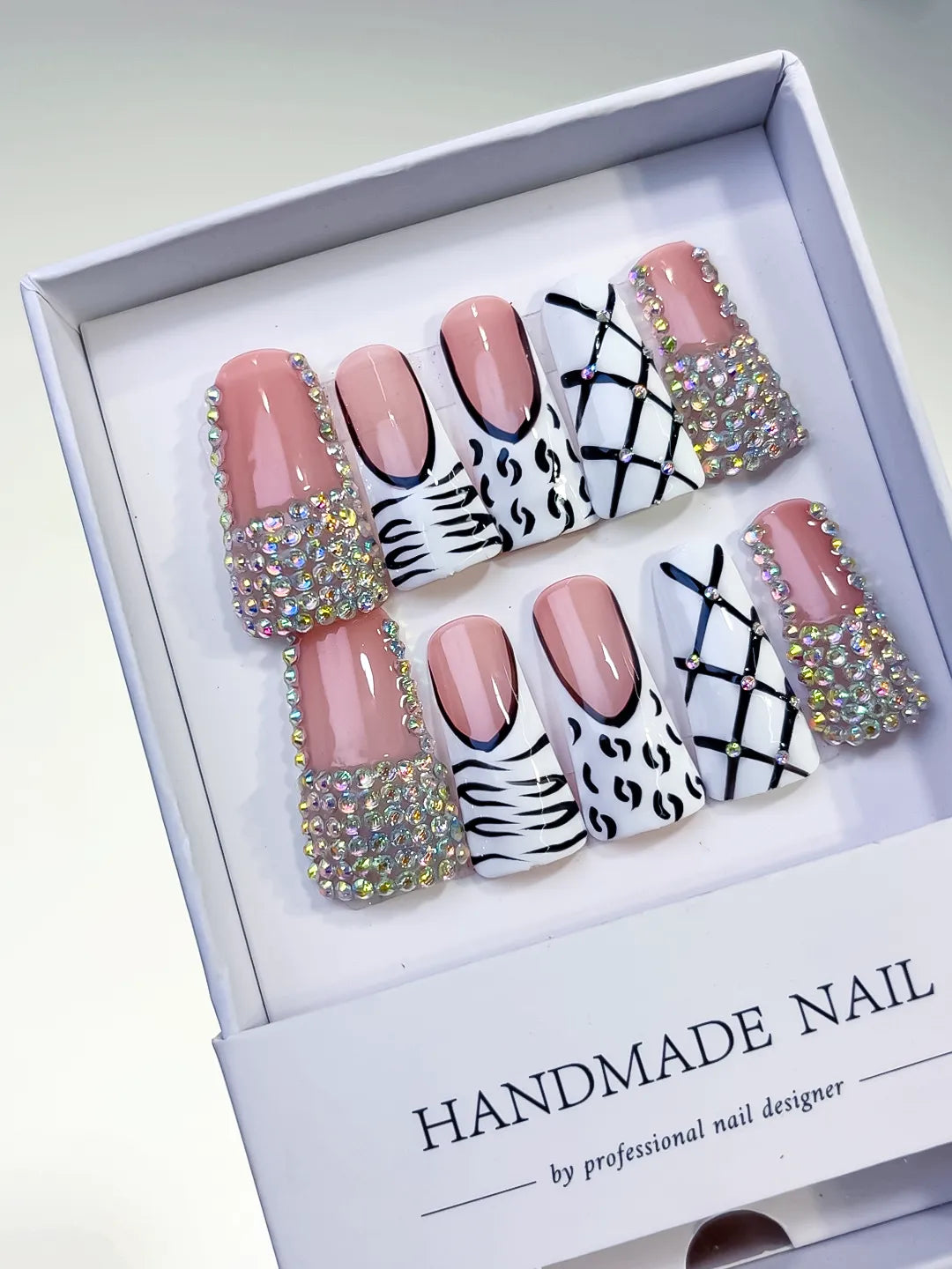Nude White Black Silver Multicolor Abstract Animal Print Lattice Rhinestone press on nails angled view