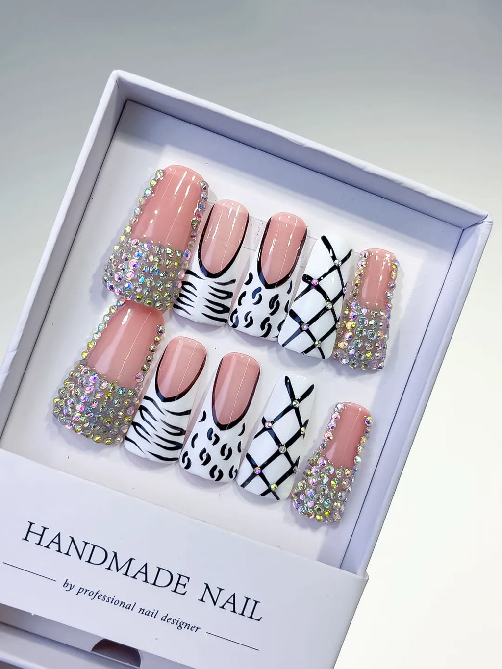 Nude White Black Silver Multicolor Abstract Animal Print Lattice Rhinestone press on nails