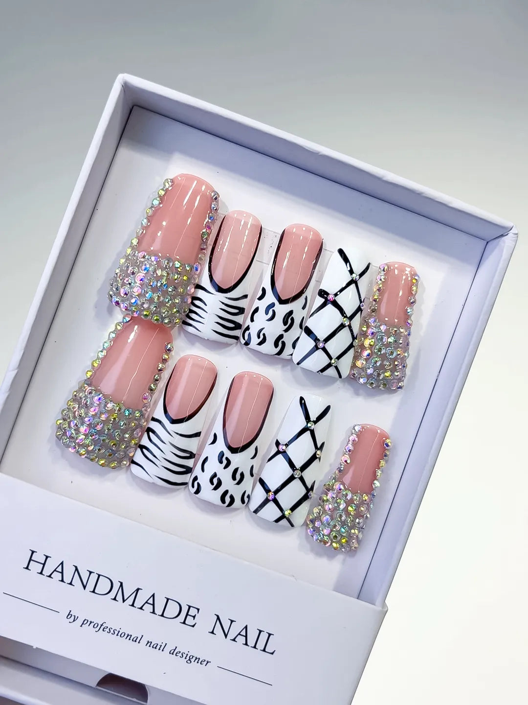 Nude White Black Silver Multicolor Abstract Animal Print Lattice Rhinestone press on nails