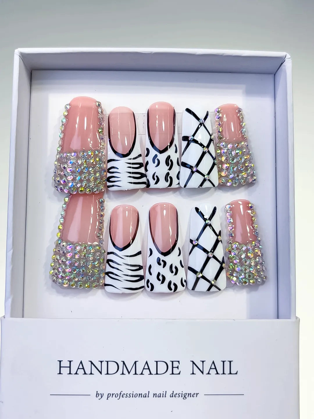 Nude White Black Silver Multicolor Abstract Animal Print Lattice Rhinestone press on nails full set view