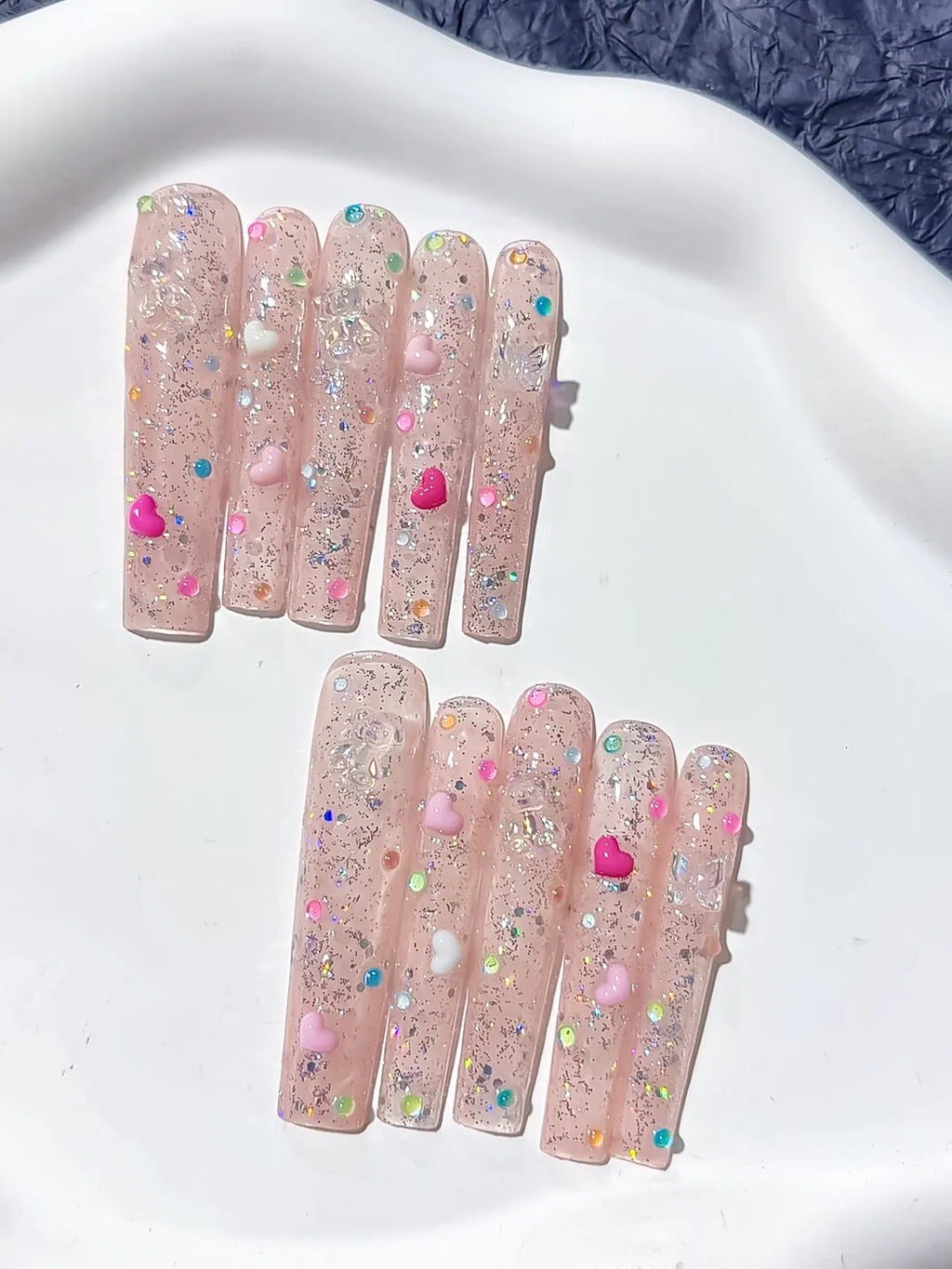Nude Pink Silver Glitter Heart Pearl 3D press on nails detail view