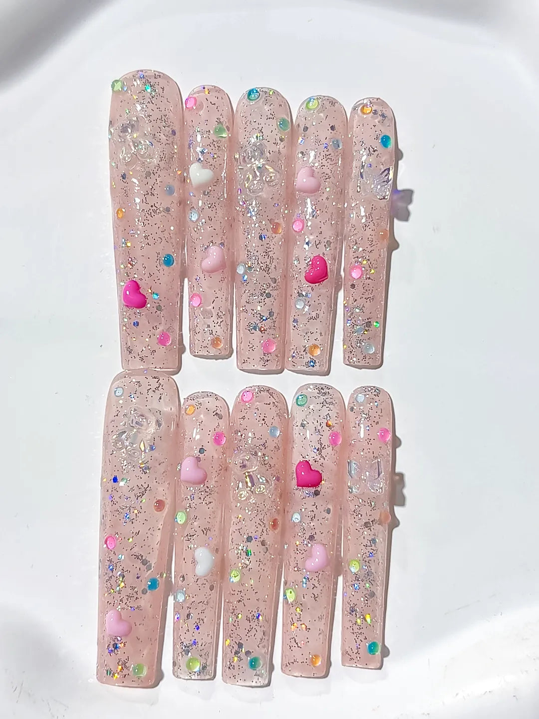 Nude Pink Silver Glitter Heart Pearl 3D press on nails detail view