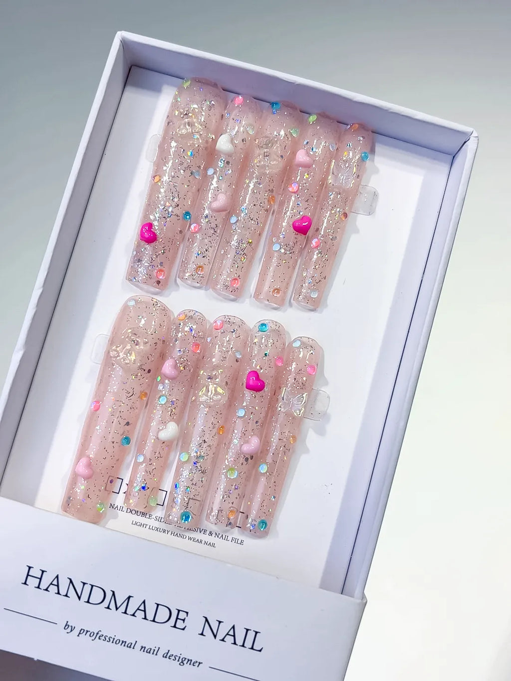 Nude Pink Silver Glitter Heart Pearl 3D press on nails